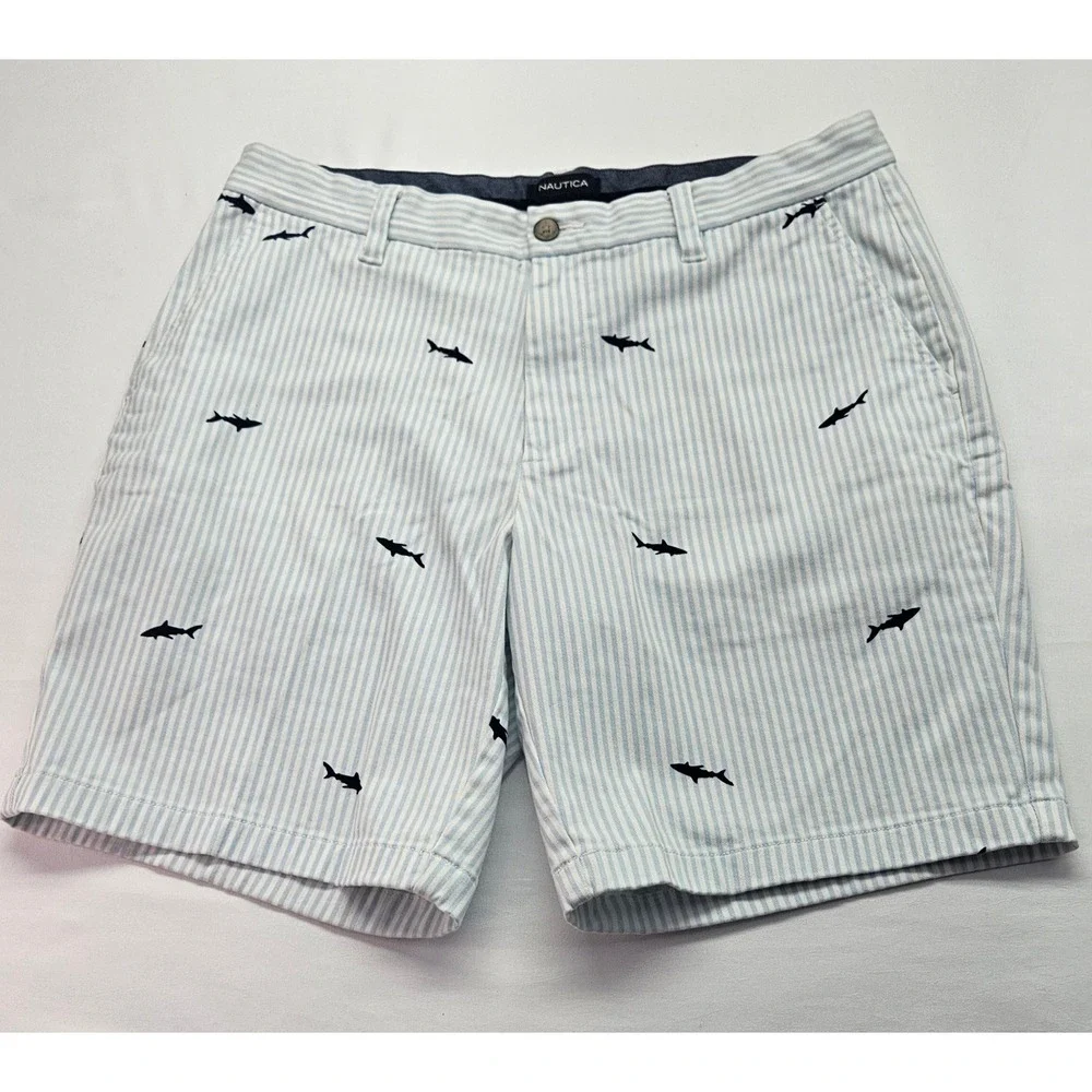 Nautica Mens The Deck Short Classic Fit Stretch Blue White Stripe Shark 34W
